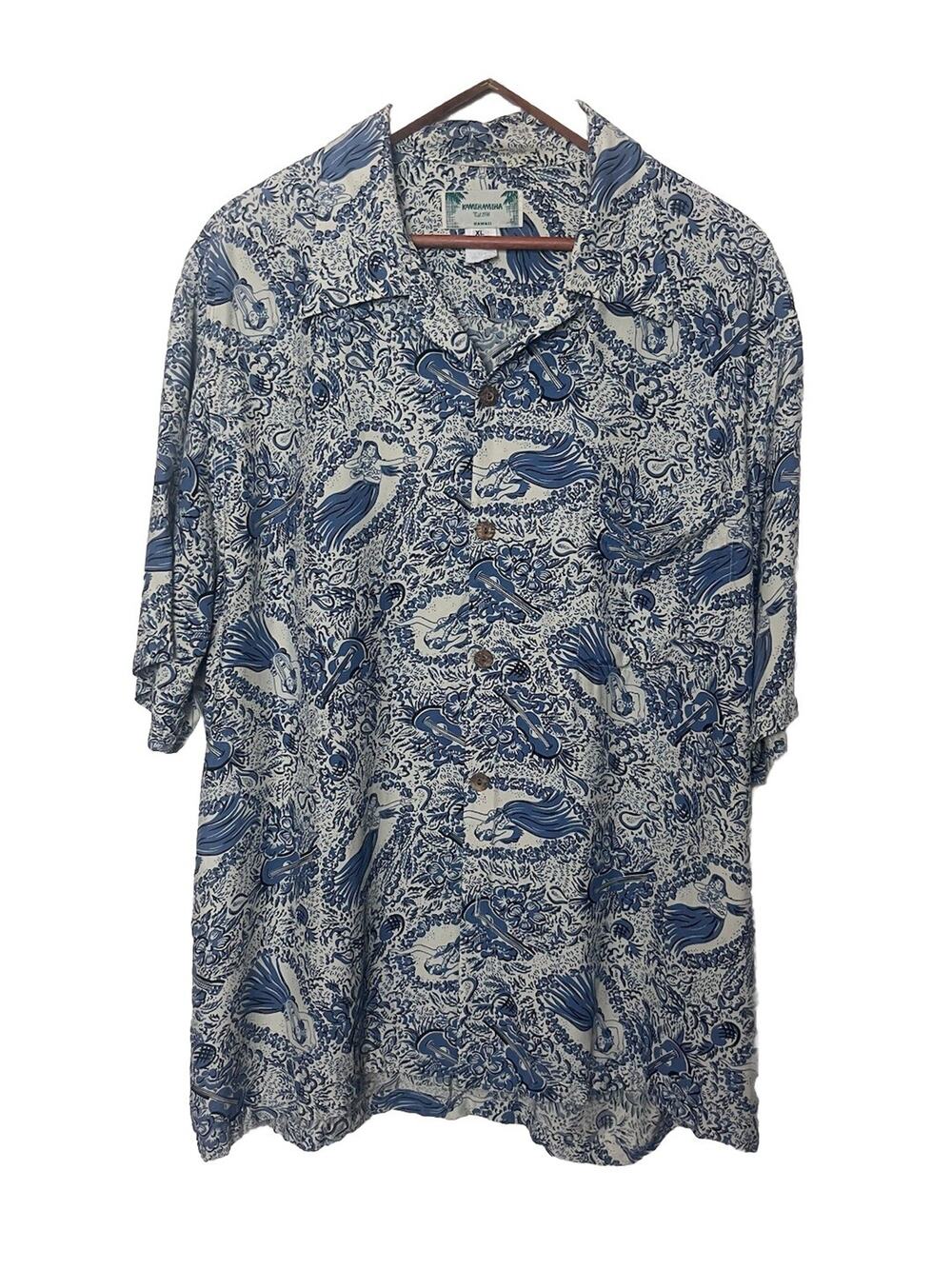 Vintage Kamehameha Hawaiian Shirt Hula Girls Ukulelele Floral Men’s Sz XL Blue
